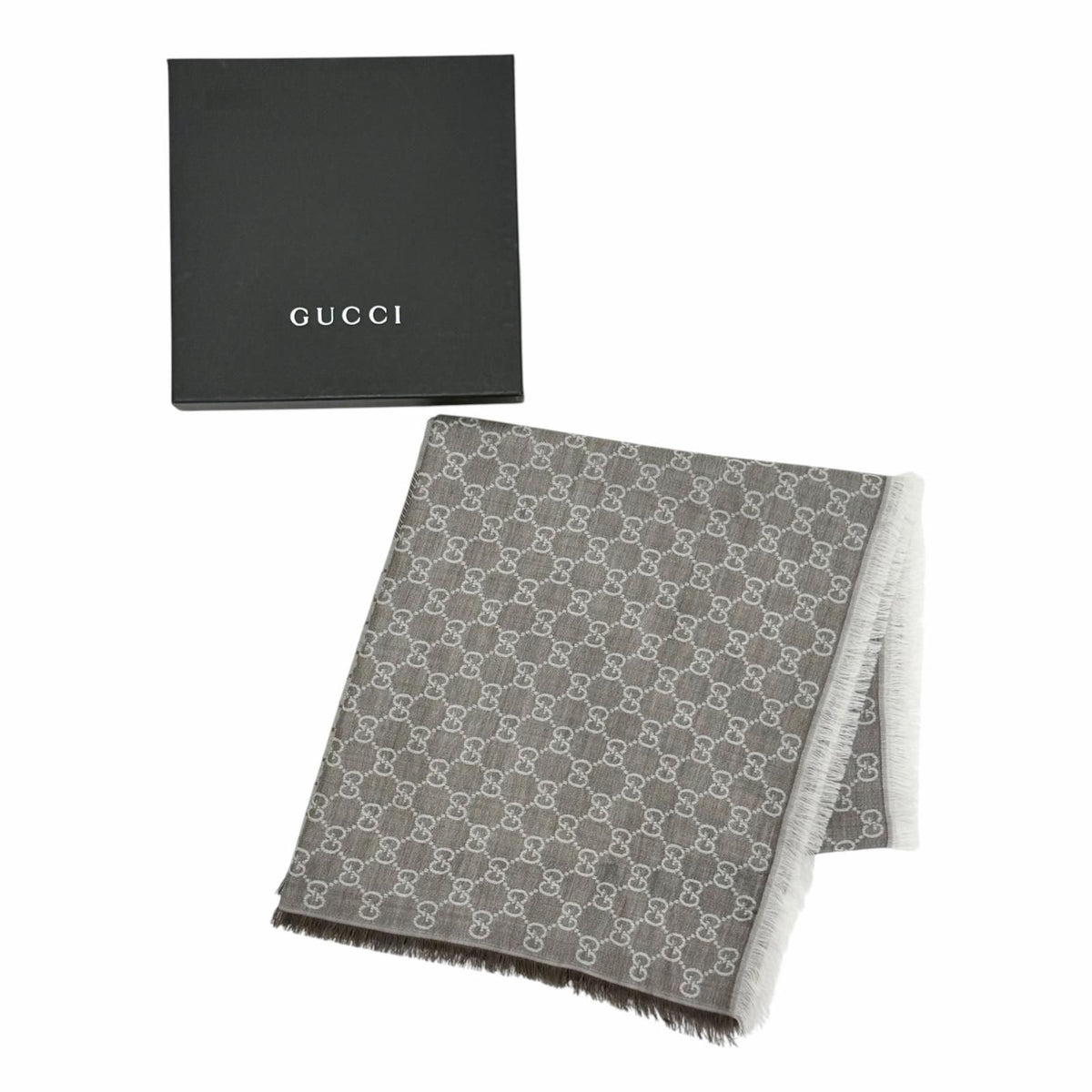Gucci Wool Silk GG Pattern Fringe Large Shawl Brown Scarf — view 2