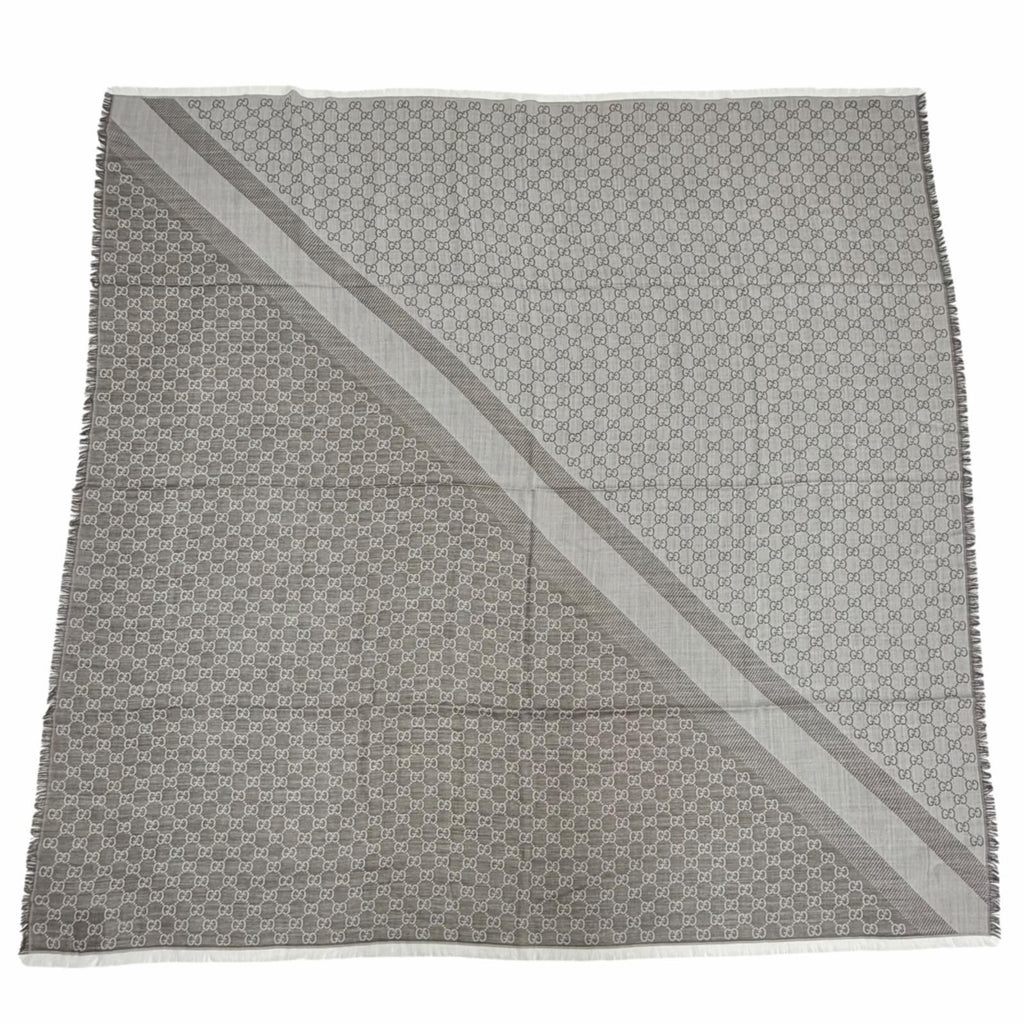 Gucci Wool Silk GG Pattern Fringe Large Shawl Brown Scarf — view 4