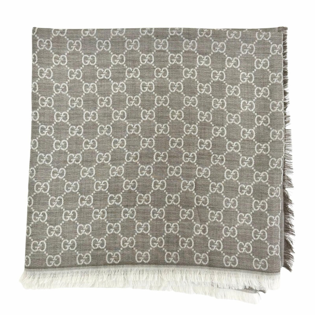 Gucci Wool Silk GG Pattern Fringe Large Shawl Brown Scarf