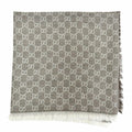 Gucci Wool Silk GG Pattern Fringe Large Shawl Brown Scarf