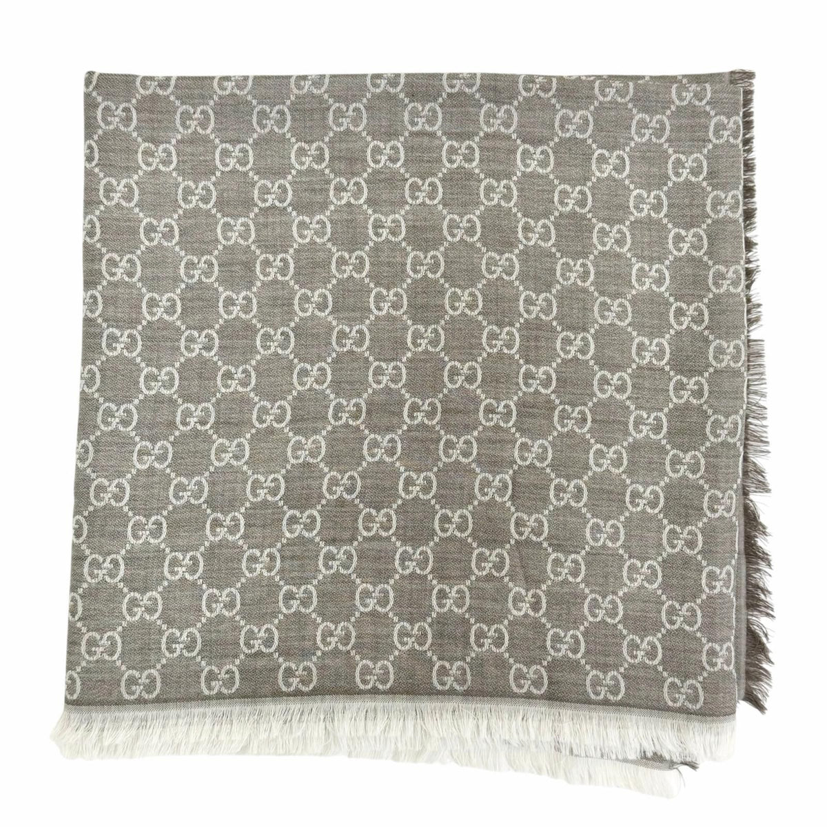 Gucci Wool Silk GG Pattern Fringe Large Shawl Brown Scarf