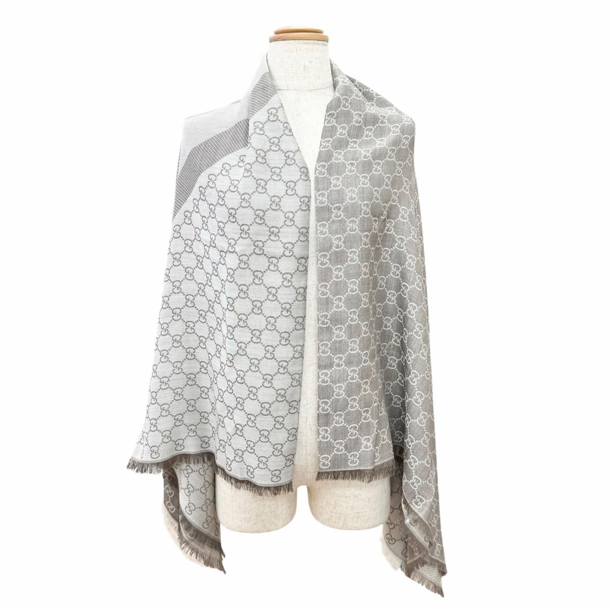 Gucci Wool Silk GG Pattern Fringe Large Shawl Brown Scarf — view 3