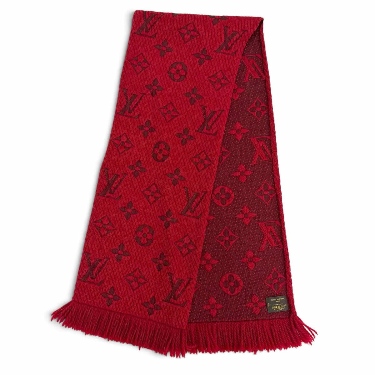 Louis Vuitton Logomania Scarf Wool Silk Ruby Monogram Fringe — view 3
