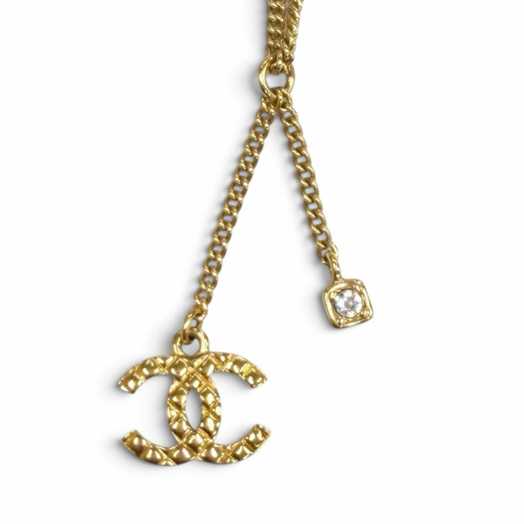 Chanel CC Logo Quilted Rhinestone Necklace Gold French