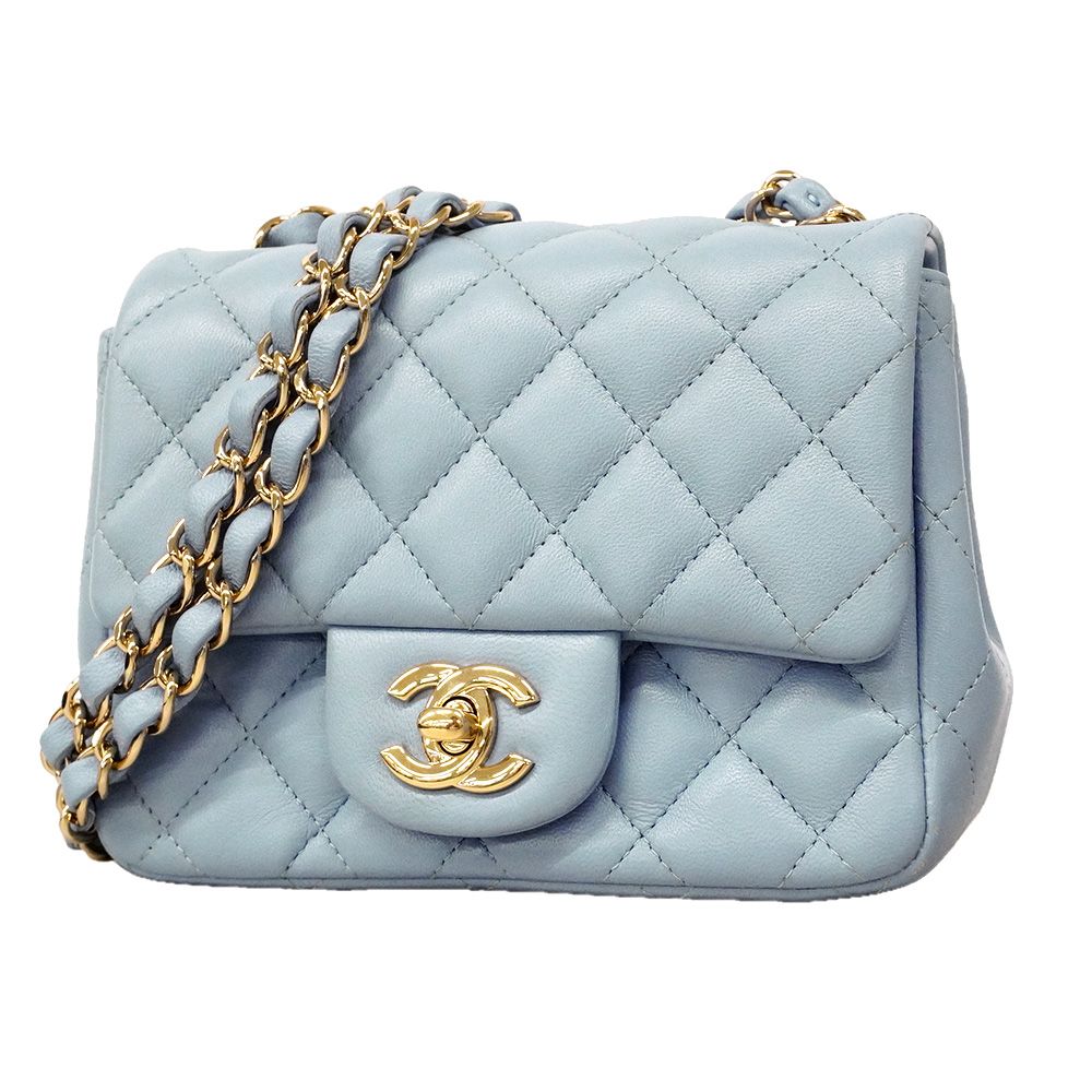 Chanel Shoulder Bag Mini Quilted Lambskin Light Blue Champagne Gold