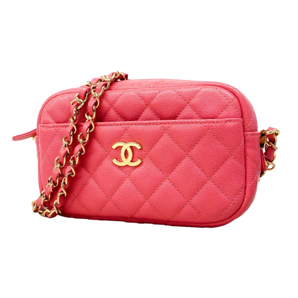 Chanel Shoulder Bag Quilted Caviar Leather Pink Gold