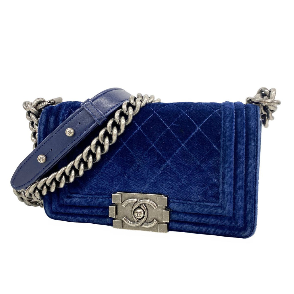 Chanel Shoulder Bag Boy Suede Navy Silver