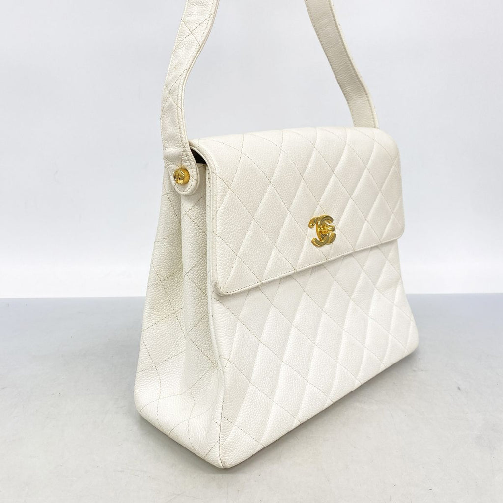 Chanel Shoulder Bag Quilted Caviar Leather White Gold — view 2