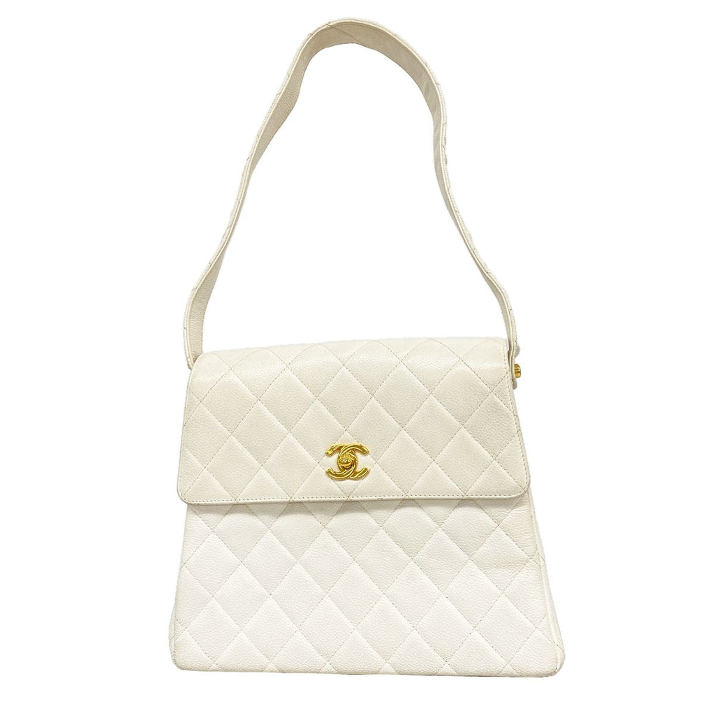 Chanel Shoulder Bag Quilted Caviar Leather White Gold