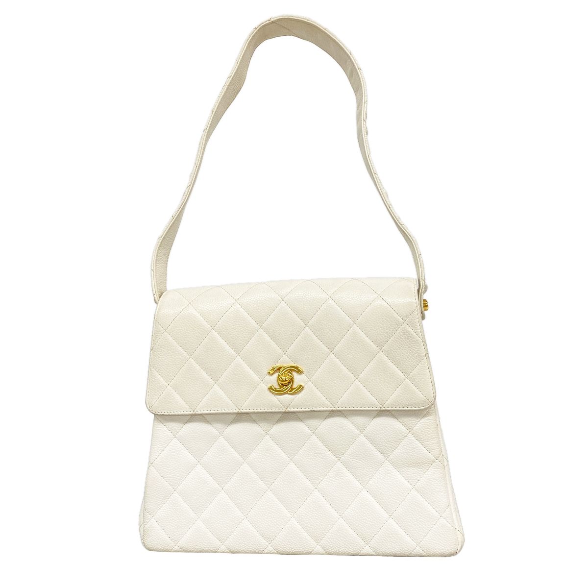 Chanel Shoulder Bag Quilted Caviar Leather White Gold