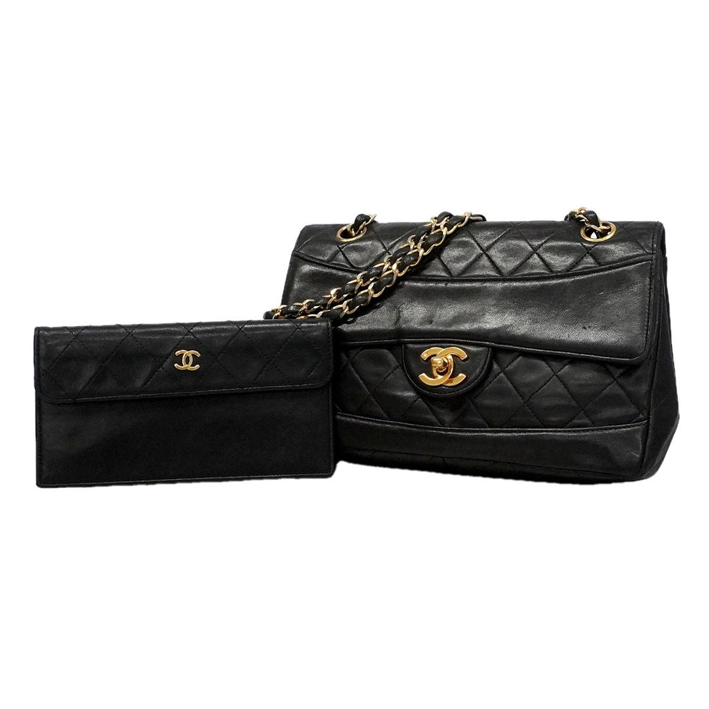 Chanel Shoulder Bag Quilted Lambskin Black Gold