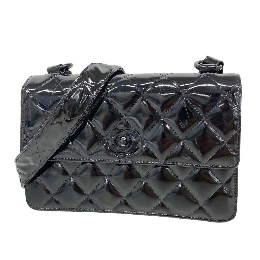 Chanel Shoulder Bag Quilted Patent Leather Black Silver