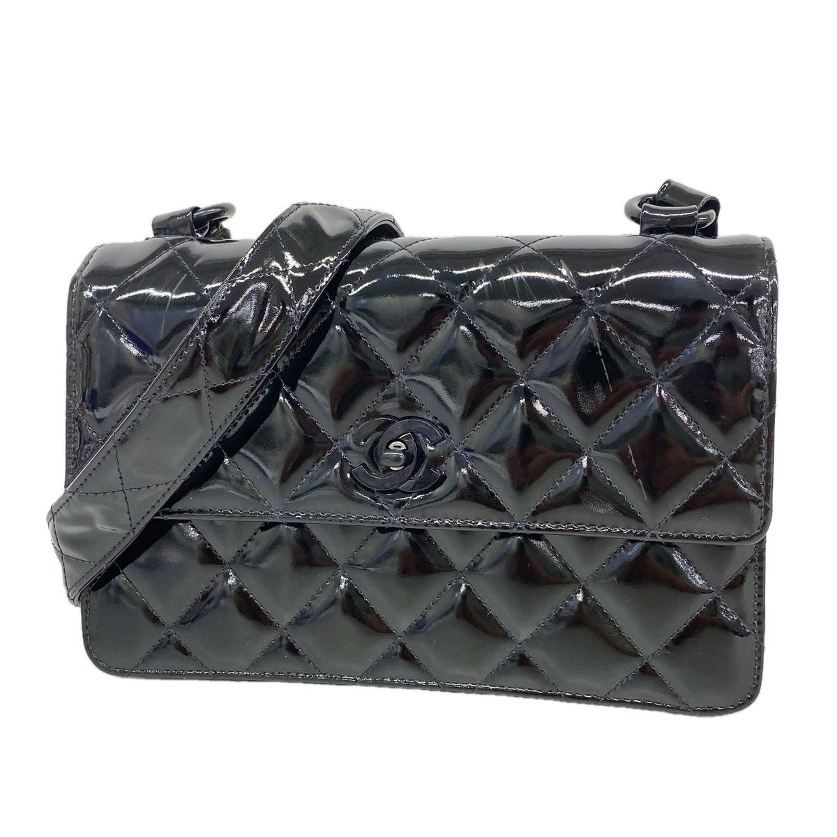 Chanel Shoulder Bag Quilted Patent Leather Black Silver
