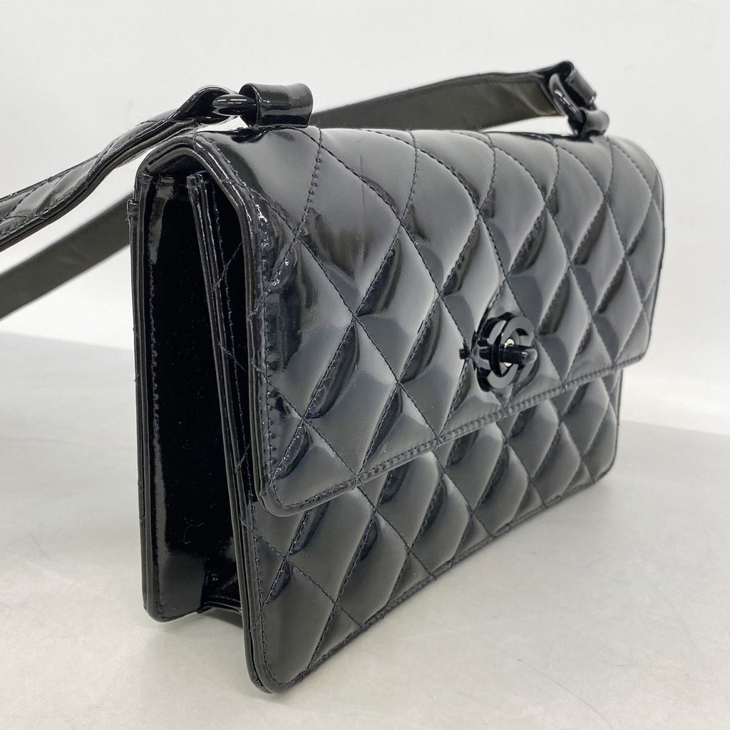 Chanel Shoulder Bag Quilted Patent Leather Black Silver — view 2