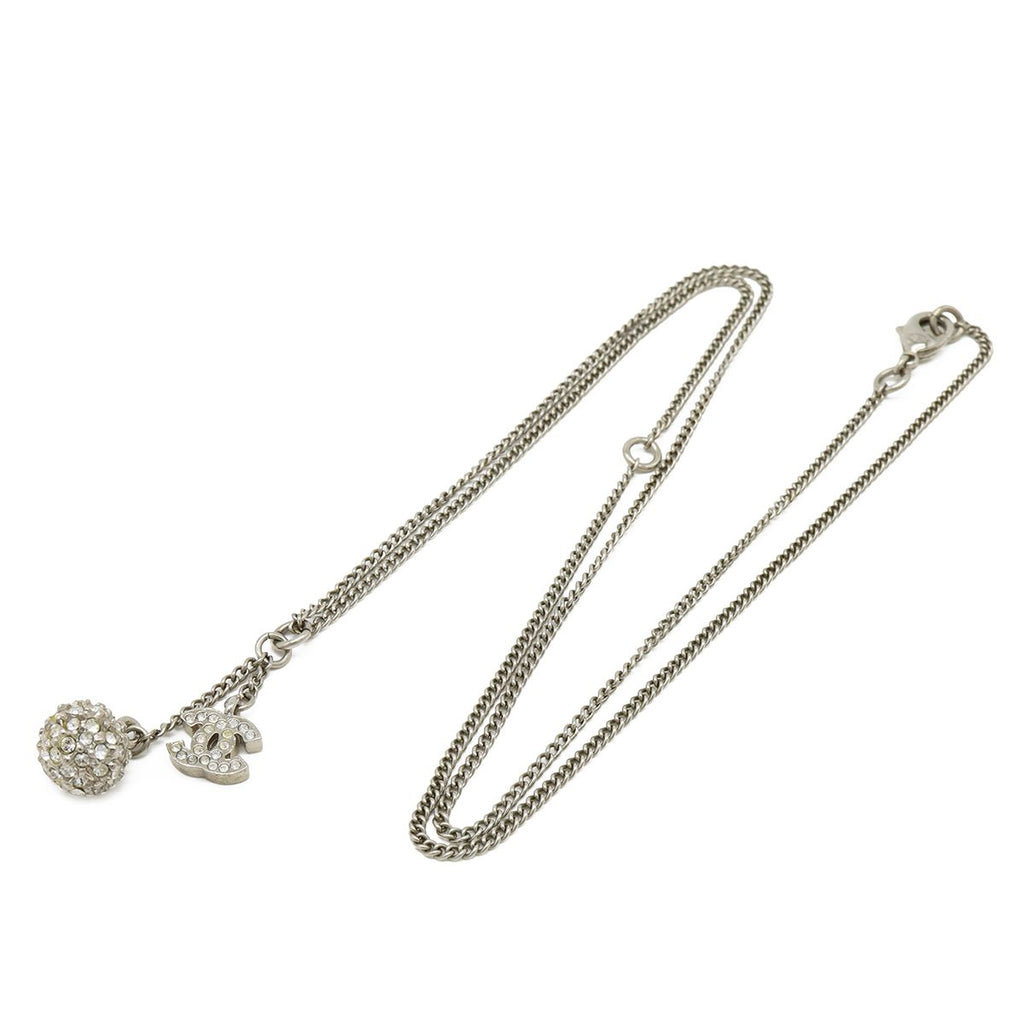 Chanel 13P Mirror Ball CC Logo Pendant Metal Rhinestone Silver Necklace — view 2
