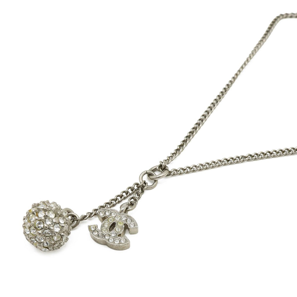 Chanel 13P Mirror Ball CC Logo Pendant Metal Rhinestone Silver Necklace — view 3