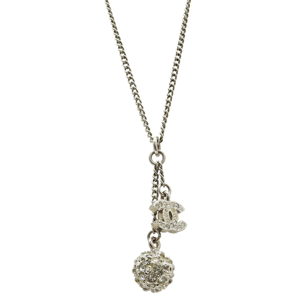 Chanel 13P Mirror Ball CC Logo Pendant Metal Rhinestone Silver Necklace