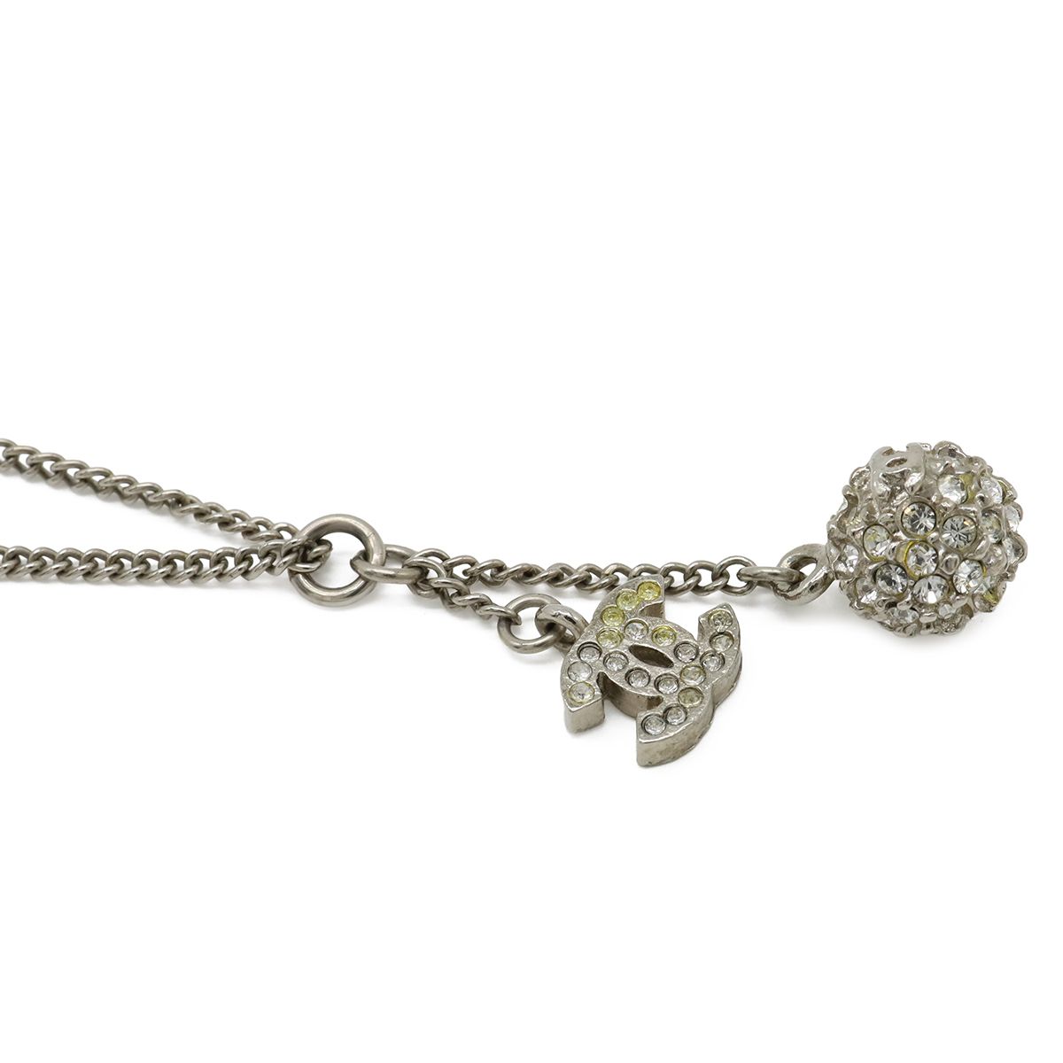 Chanel 13P Mirror Ball CC Logo Pendant Metal Rhinestone Silver Necklace — view 4