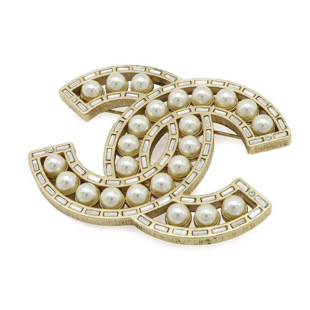 Chanel CC Logo Jumbo CC Brooch Faux Pearl Bijou Rhinestone Gold Plated