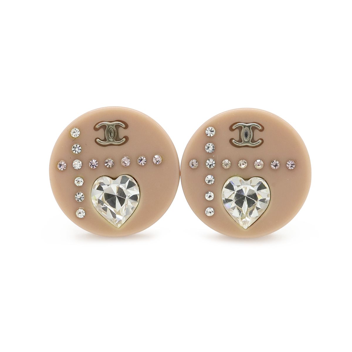 Chanel 04A CC Logo Earrings Round Rhinestone Heart Stone Plastic Metal Dusty