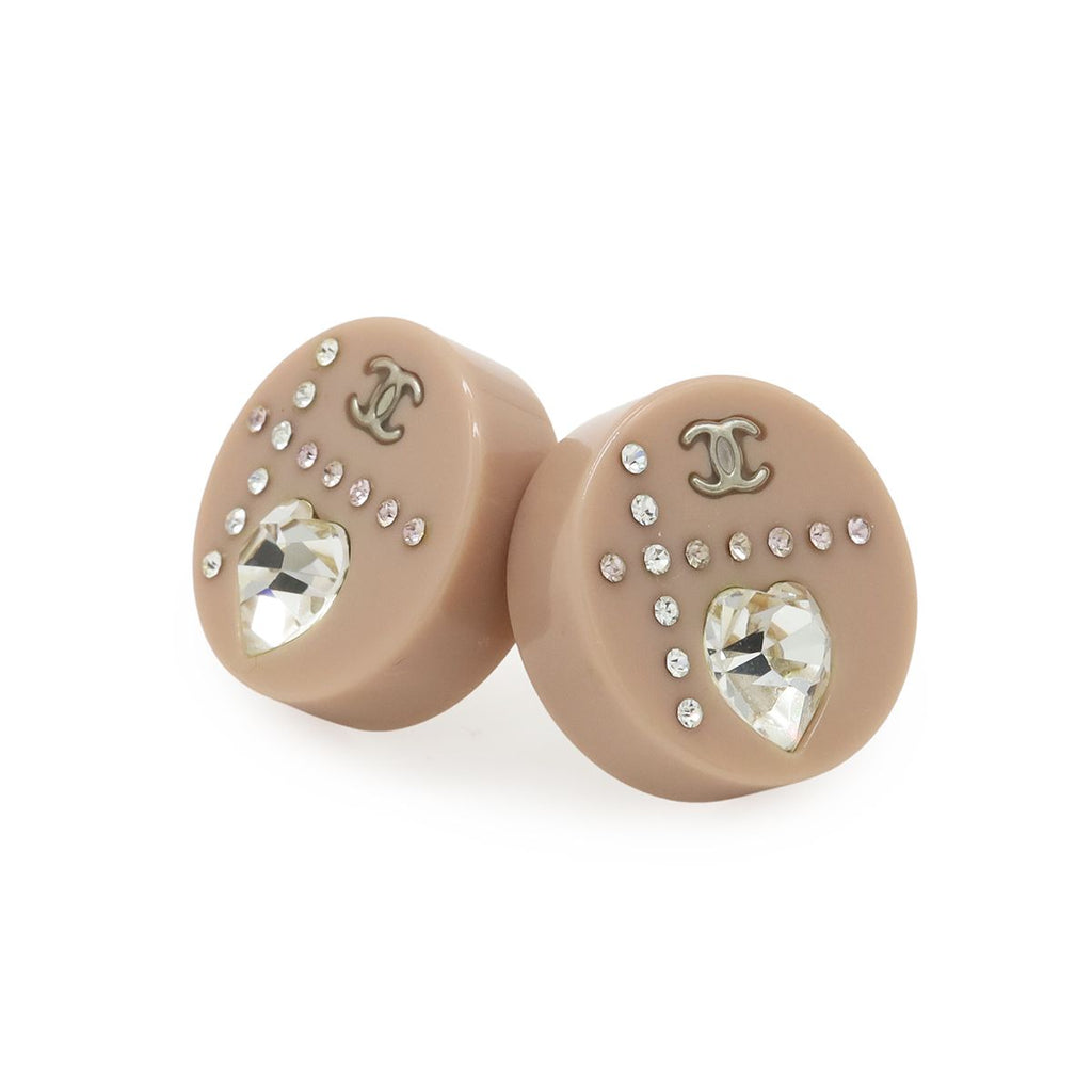 Chanel 04A CC Logo Earrings Round Rhinestone Heart Stone Plastic Metal Dusty — view 4