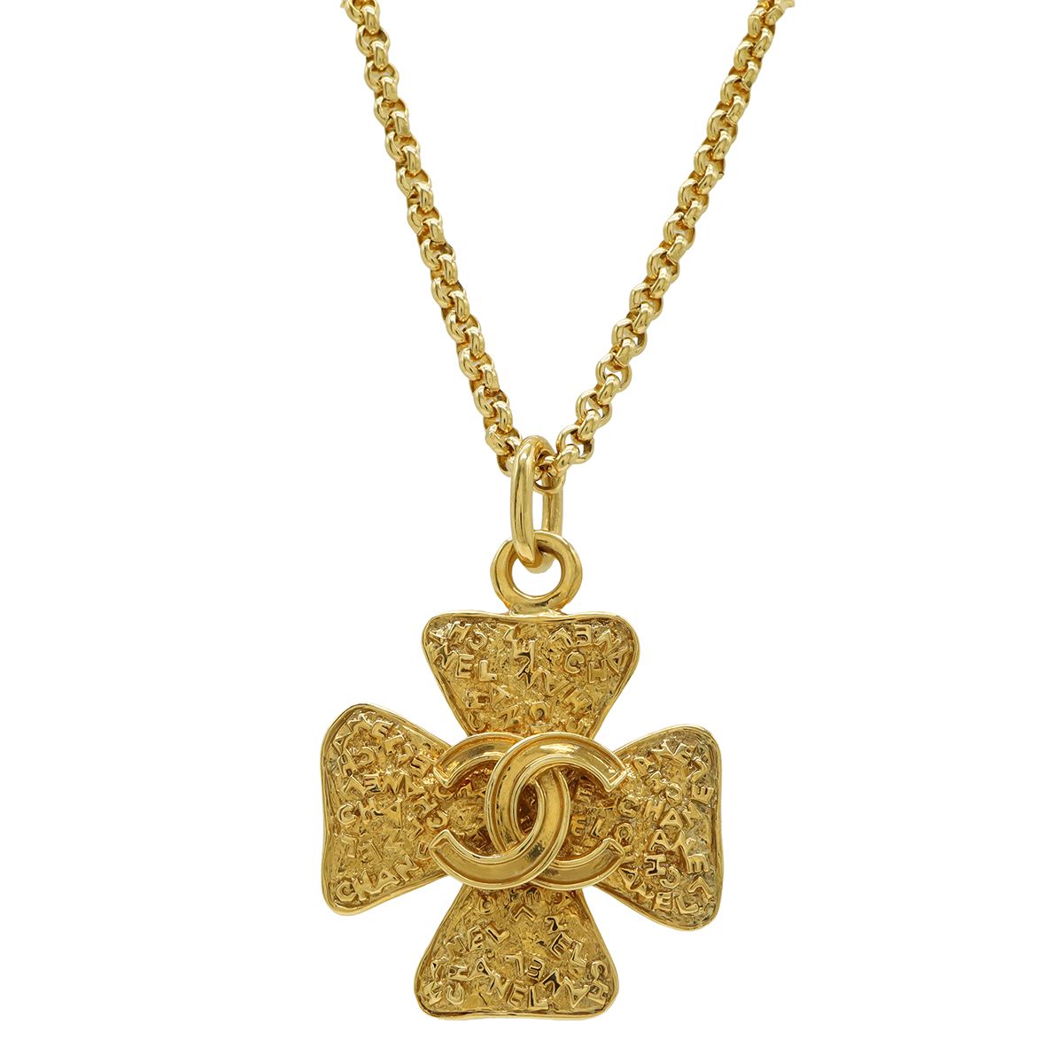 Chanel 95A Clover CC Logo Large Chain Pendant 2-Way Belt Gold Plated Necklace