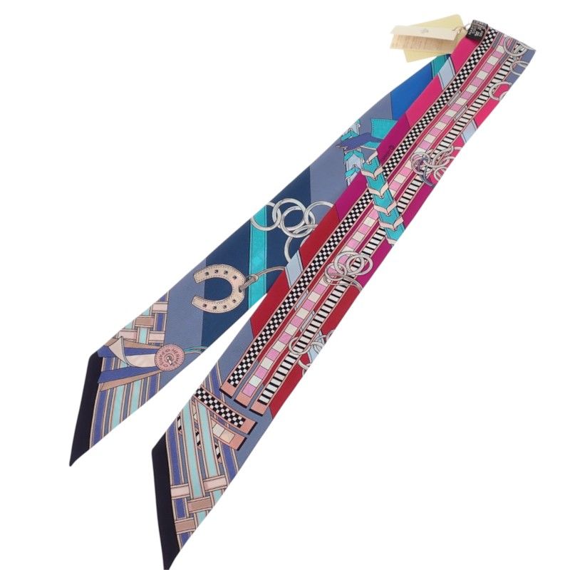 Hermes Twilly Brides Et Gray Bridle and Charm Scarf Silk Multicolor Blue — view 5