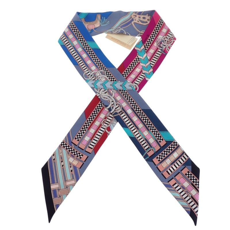 Hermes Twilly Brides Et Gray Bridle and Charm Scarf Silk Multicolor Blue — view 7