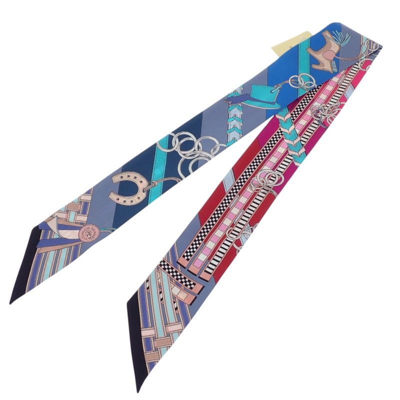 Hermes Twilly Brides Et Gray Bridle and Charm Scarf Silk Multicolor Blue — view 4