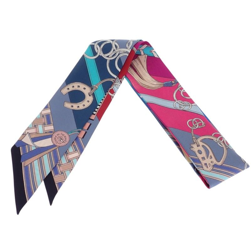 Hermes Twilly Brides Et Gray Bridle and Charm Scarf Silk Multicolor Blue — view 3