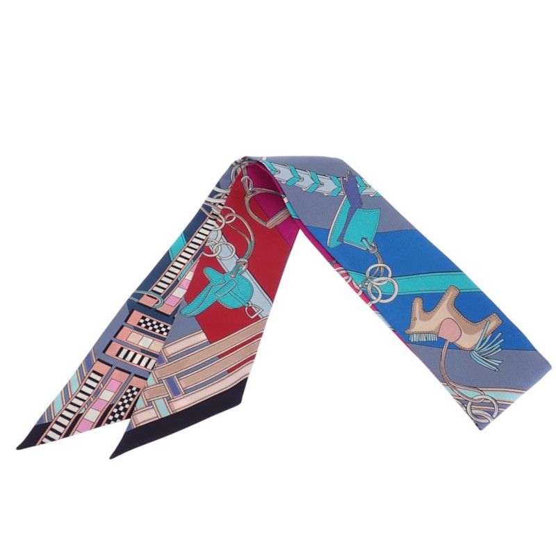 Hermes Twilly Brides Et Gray Bridle and Charm Scarf Silk Multicolor Blue — view 2
