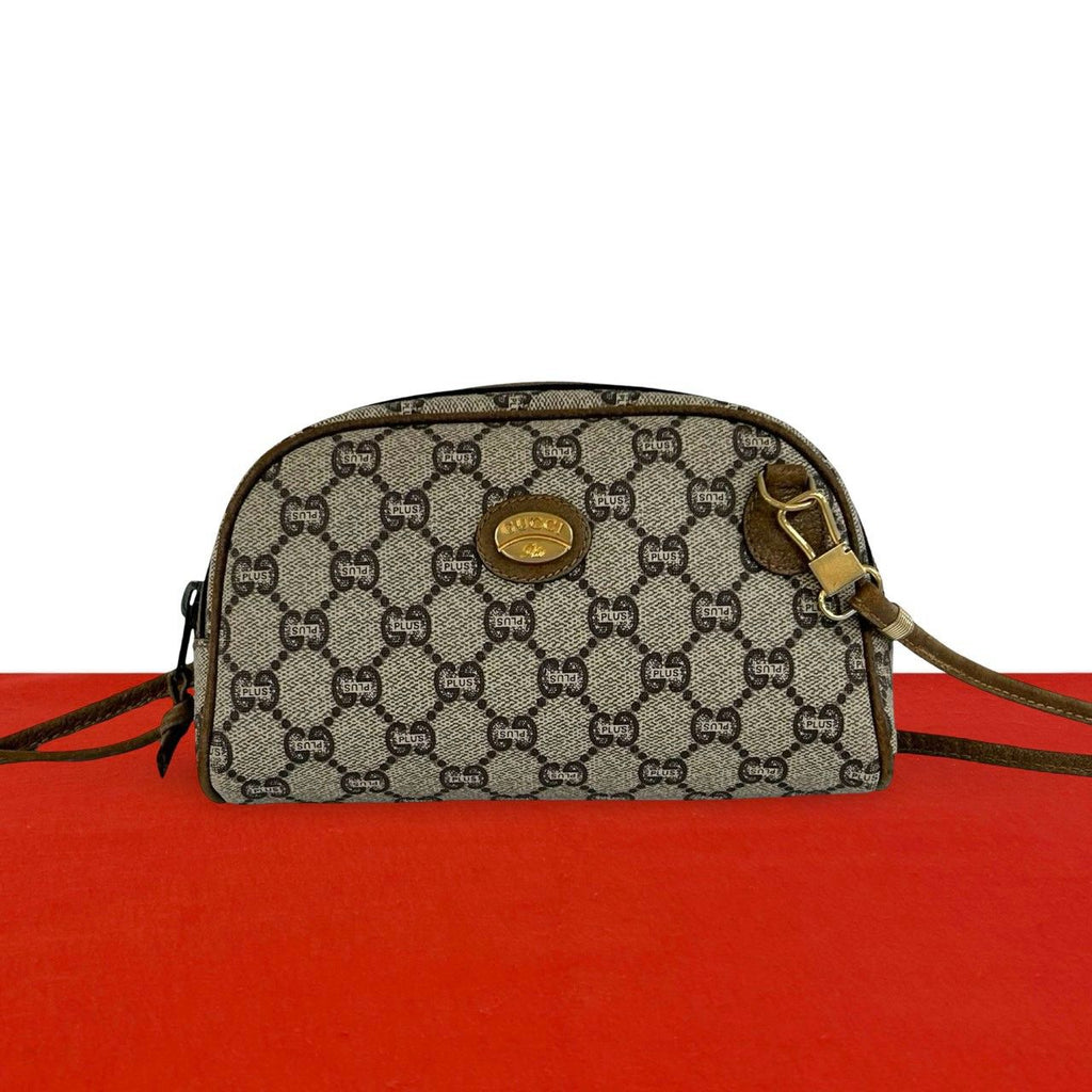 Gucci Vintage Plus Logo Pattern Leather Mini Shoulder Bag Pochette Brown