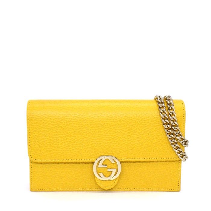 Gucci Shoulder Bag Clutch Interlocking G Chain Wallet Yellow Leather Gold