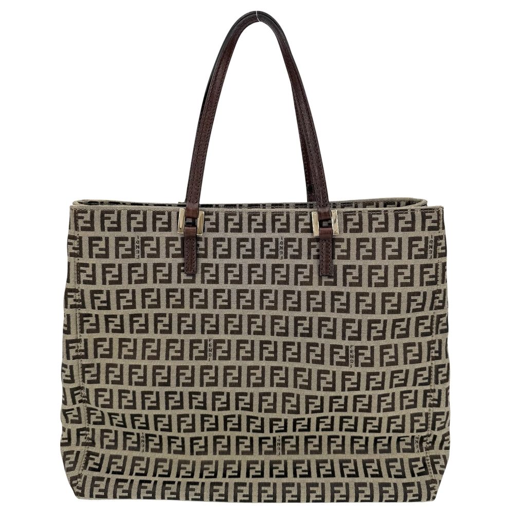 Fendi Tote Zucchino Handbag Canvas Leather Brown Gold — view 2