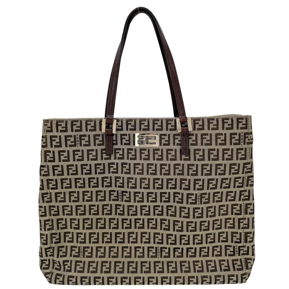 Fendi Tote Zucchino Handbag Canvas Leather Brown Gold