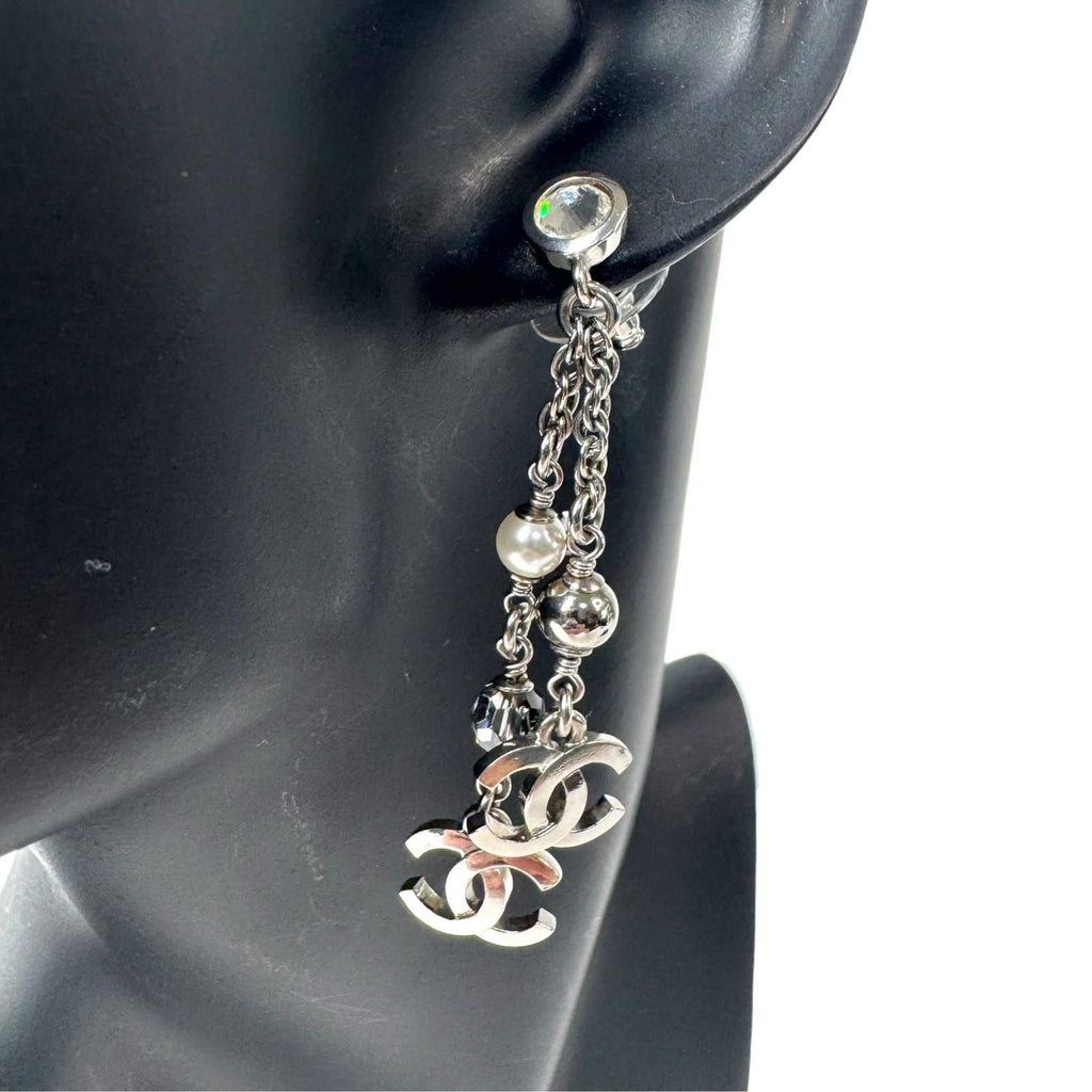 Chanel CC Logo Long Drop Earrings Light Stone Pearl — view 2