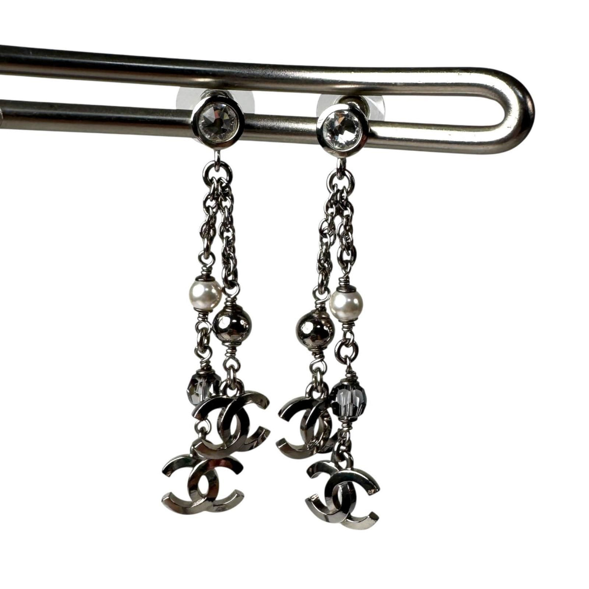 Chanel CC Logo Long Drop Earrings Light Stone Pearl