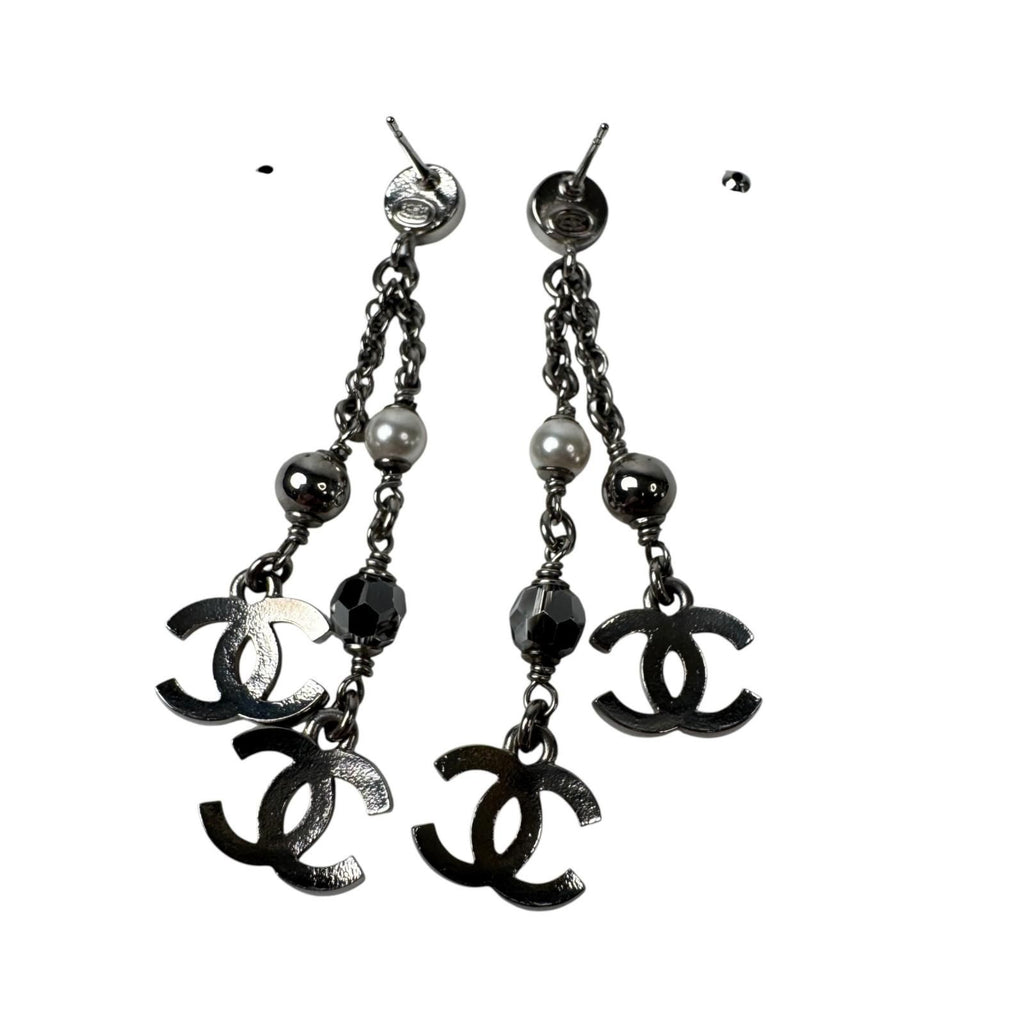 Chanel CC Logo Long Drop Earrings Light Stone Pearl — view 3
