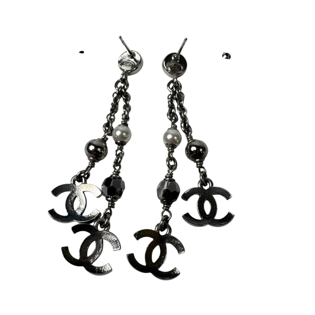 Chanel CC Logo Long Drop Earrings Light Stone Pearl — view 3