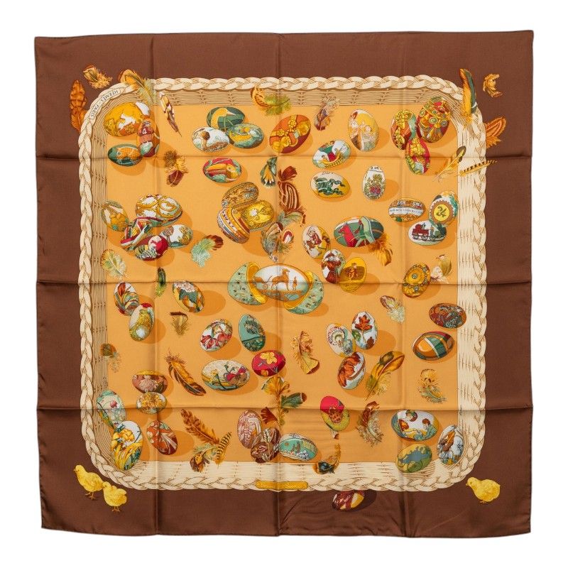 Hermes Carre 90 Couvee D'hermes Eggs Scarf Brown Multicolor Silk