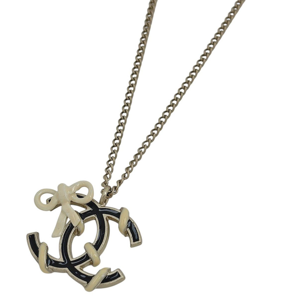 Chanel Necklace CC Logo Ribbon Gold Plated Black White