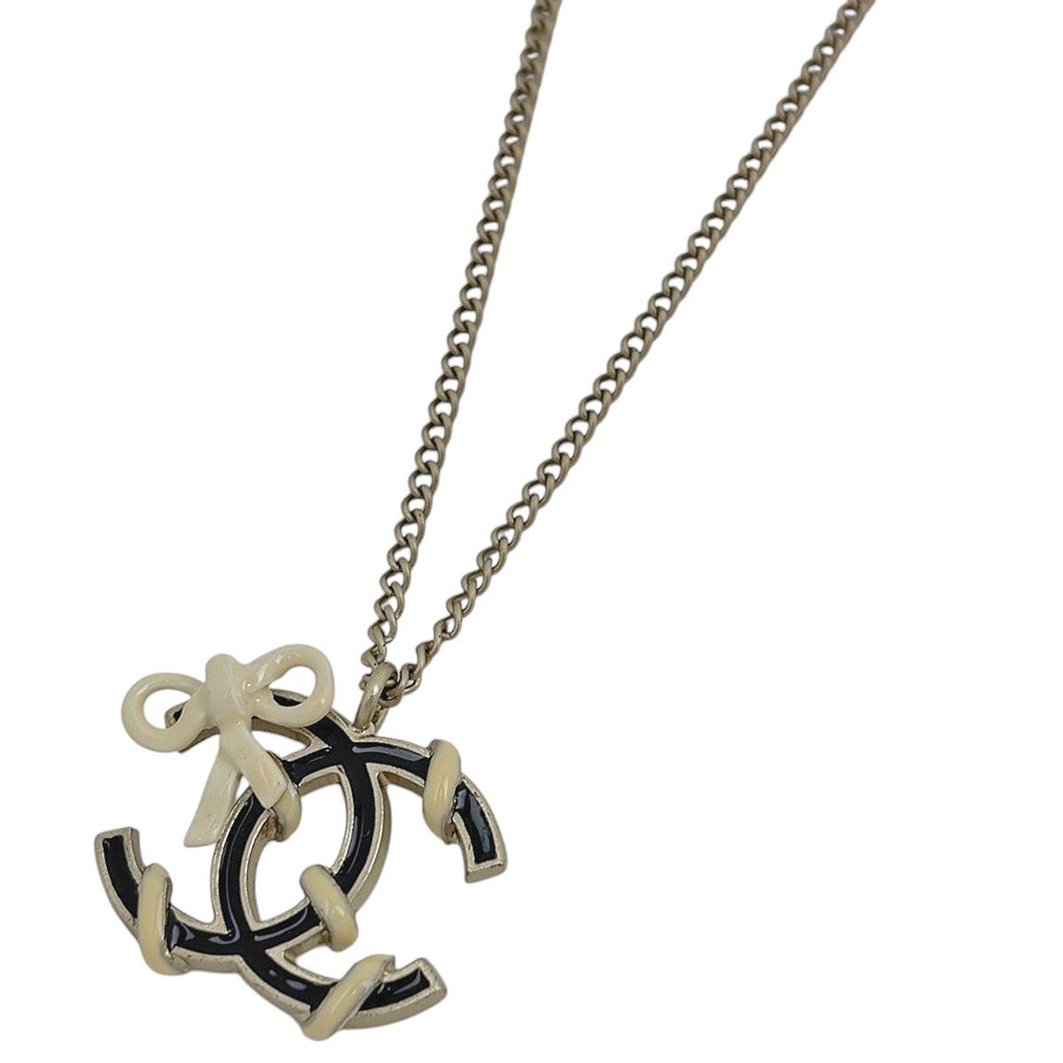 Chanel Necklace CC Logo Ribbon Gold Plated Black White