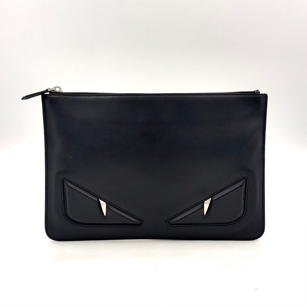 Fendi Bugs Monster Flat Slim Leather Black Clutch Silver