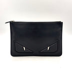 Fendi Bugs Monster Flat Slim Leather Black Clutch Silver