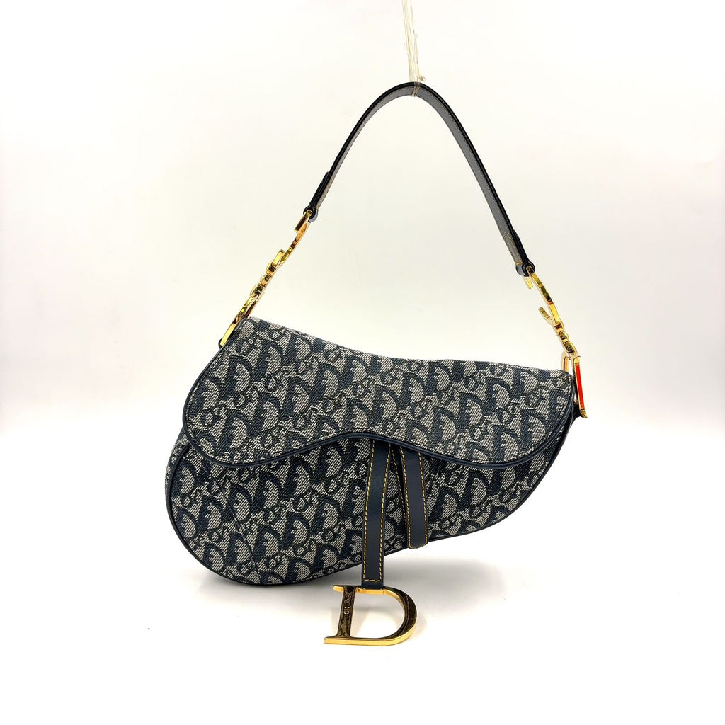 Dior Saddle Bag Trotter Oblique Pattern Leather Canvas Navy Black Gold