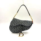 Dior Saddle Bag Trotter Oblique Pattern Leather Canvas Navy Black Gold