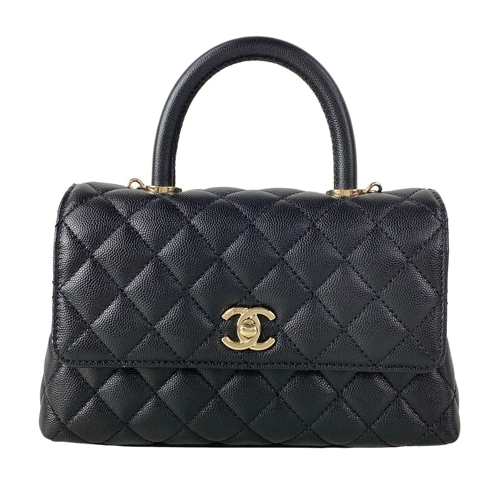Chanel Handbag Small Top Handle Flap Bag Quilted Coco XS Black Gold
