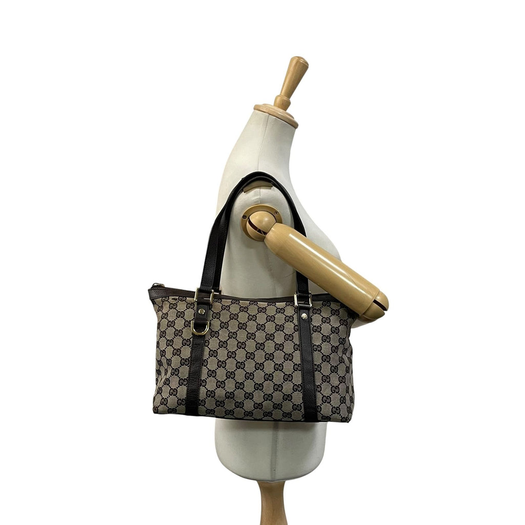 Gucci GG Canvas Leather Tote Shoulder Bag Gray Dark Brown Gold Charm — view 4