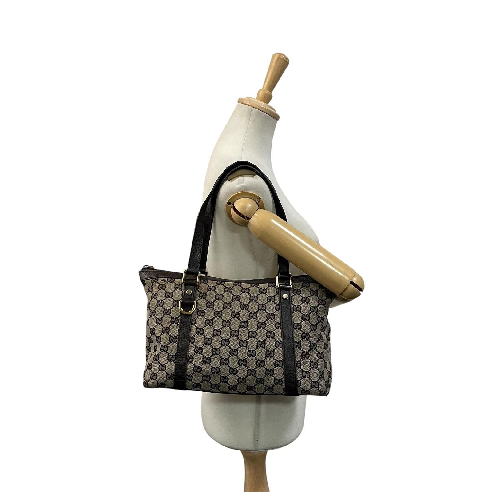 Gucci GG Canvas Leather Tote Shoulder Bag Gray Dark Brown Gold Charm — view 4