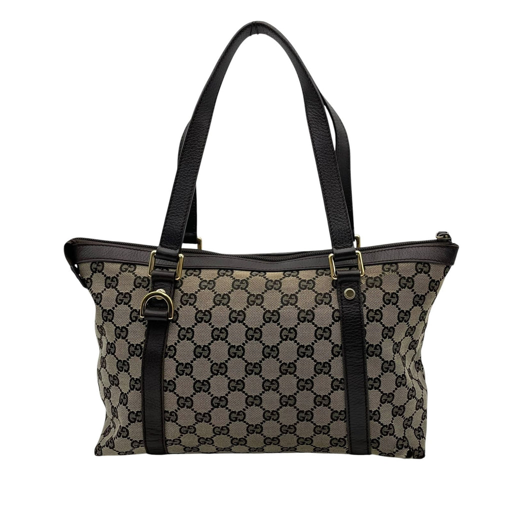 Gucci GG Canvas Leather Tote Shoulder Bag Gray Dark Brown Gold Charm — view 3